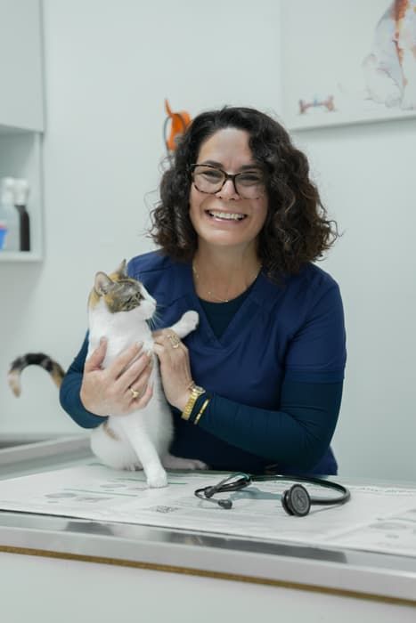 Vet team member smiling while holding a calico cat